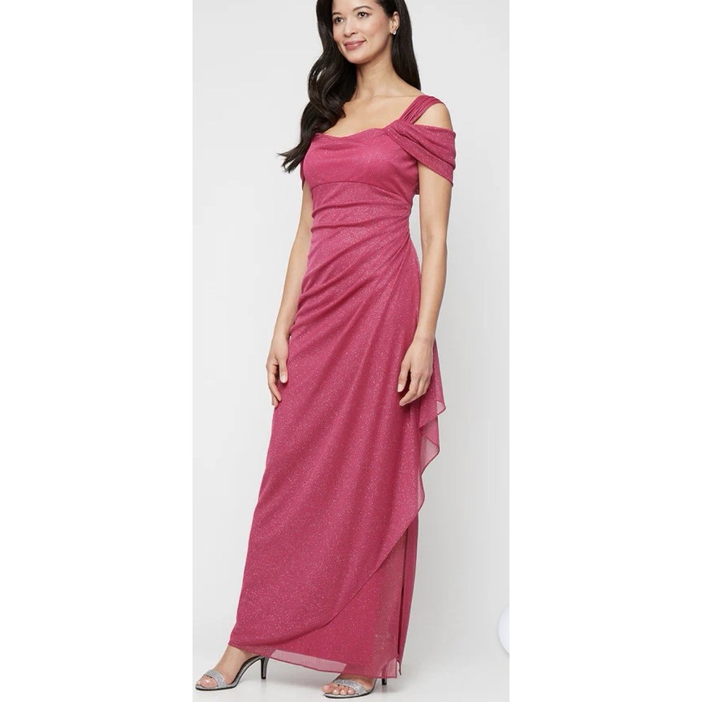 Alex Evenings Long Glitter Mesh Dress Draped Skirt & Cowl Neckline Size 18W